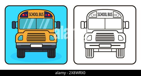 Mignon bus scolaire de dessin animé. Pour les enfants et les adultes imprimables coloriage page ou livre. Illustration vectorielle isolée sur fond blanc. Illustration de Vecteur