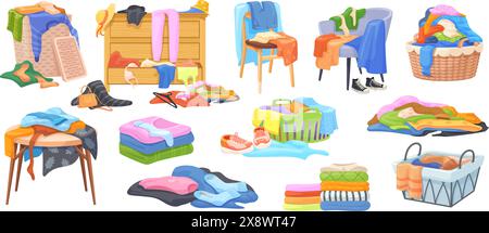 Empile les vêtements en désordre. Tas de vêtements d'odeur de mess sur le sol draps empilés pliés pour le désencombrement de linge à la maison, chaise de vêtements désordonnés d'adolescent, illustration vectorielle soignée de panier de vêtements sales de vêtements désordonnés Illustration de Vecteur
