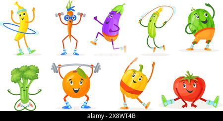 Légumes fruits sport personnages. Posture de yoga de fruit de dessin animé et exercice de fitness végétal, entraînement d'ajustement de mascotte de personnage d'enfant de nourriture saine, illustration vectorielle de personnage drôle, illustration kawaii Illustration de Vecteur