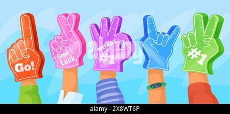 Doigts de fan de dessin animé. Fans de football main dans la mousse gant acclamer, fanatiques de sports cheer concept stade mains de foule encourager le soutien de football meilleure équipe de sport, illustration vectorielle de football fan de dessin animé Illustration de Vecteur