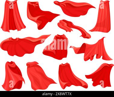 Manteaux rouges de dessin animé. Capes de mouche de super-héros, héros magique cape super homme robe volant tissu soie coulant foulard vêtements personnage comique cape costume, illustration vectorielle de costume de costume de manteau Illustration de Vecteur