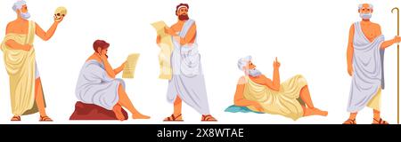 Philosophe antique. Romain ou grec philosophes personnage de dessin animé, vieil homme en Toga pensant métaphysique, socrate platon aristote pythagore philosophie, illustration vectorielle récente Illustration de Vecteur