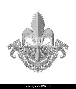 Fleur de lis avec décoration florale de défilement d'ornement , illustration de dessin de style de gravure Vintage Illustration de Vecteur