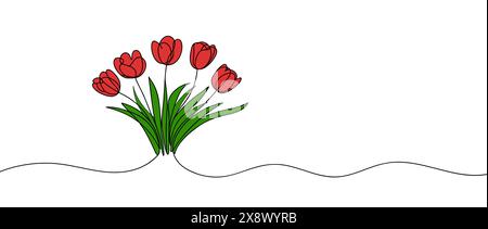 Tulipes dessinant une ligne continue. Concept de fleurs de printemps. Illustration vectorielle de dessin de ligne unique. Illustration de Vecteur