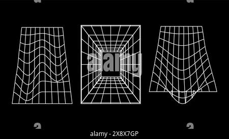 Modèles filaires 3D d'objets ligne de réseau. Formes géométriques atmosphère future. Design rétro futuriste pour élément technologique ou scientifique. Illustration vectorielle. Illustration de Vecteur