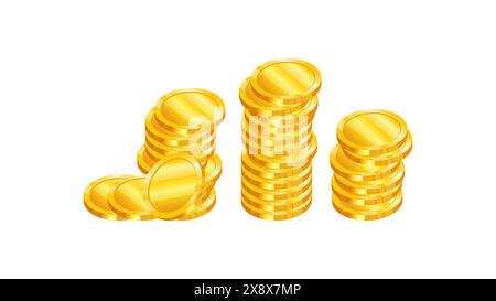 Pièces d'or dans l'illustration vectorielle réaliste de style 3D. Pièces empilées en colonnes. Conception de bannière pour le secteur bancaire et financier. Illustration de Vecteur
