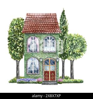 Une vieille maison européenne entourée d'arbres. Fabuleux, mignon, maison verte de deux étages dans un style vintage. L'illustration aquarelle est faite à la main. Isola Banque D'Images