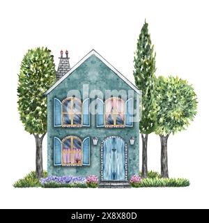 Une maison européenne avec cour et jardin. Fabuleux, mignon, maison bleue de deux étages dans un style vintage. L'illustration aquarelle est faite à la main. Est Banque D'Images