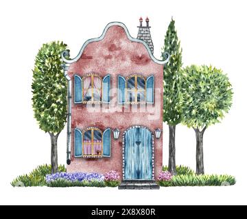 Maison rouge européenne avec cour et jardin. Fabuleux, mignon, maison de deux étages en brique dans un style vintage. L'illustration aquarelle est faite à la main. Banque D'Images