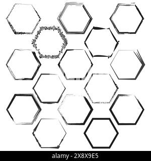 Jeu de cadres hexagonaux assortis. Collection de bordures polygonales noires. Formes hexagonales abstraites pour les dessins. Illustration de Vecteur