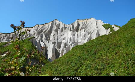 Montagnes blanches étonnantes avec de l'herbe verte. Agrafe. Beaux motifs sur la montagne blanche rocheuse avec une verdure lumineuse le jour ensoleillé d'été. Roches blanches de Banque D'Images