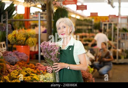 Femme âgée, hôtesse du marché aux fleurs, recueille la lavande en bouquet Banque D'Images