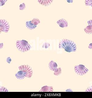 Coquilles Saint-Jacques en bleu, lilas et rose sur fond jaune clair. Illustration aquarelle. Motif sans couture. Pour tissus, textiles et w Banque D'Images