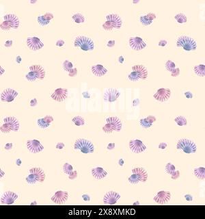 Coquilles Saint-Jacques en bleu, lilas et rose sur fond jaune clair. Illustration aquarelle. Motif sans couture. Pour tissus, textiles et w Banque D'Images