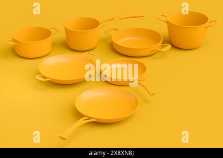 Ensemble de stewpot en acier inoxydable volant, poêle à frire et ustensiles de cuisine en aluminium chromé sur fond monochrome jaune. rendu 3d de cuisine antiadhésive Banque D'Images