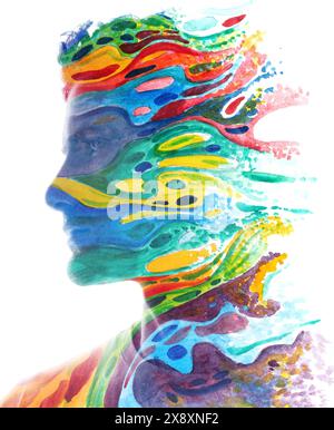 Un portrait surréaliste de la peinture de profil coloré d'un homme Banque D'Images