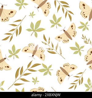 Moth et feuilles motif sans couture, naturel, illustration folklorique Banque D'Images