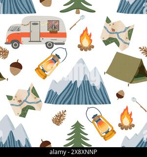 Camionnette de camping, minifourgonnette, arbres forestiers, montagne, lanterne, carte, Camping Seamless pattern. Style plat, couleurs rétro Banque D'Images