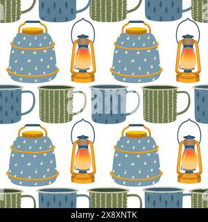 Thermos de thé, tasse à café, tasse et lampe modèle sans couture, style plat, couleurs rétro Banque D'Images