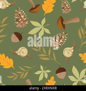 Feuilles d'automne, champignon, pomme de pin, motif sans couture d'escargot, style plat, couleurs rétro Banque D'Images