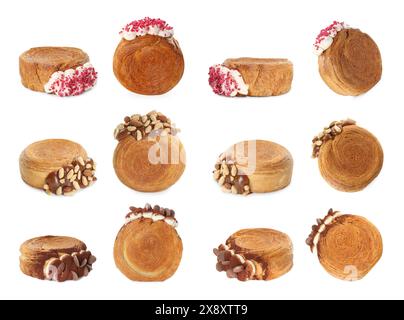 Ensemble de croissants ronds isolés sur blanc, vue de dessus et vue de côté. Pâte feuilletée Banque D'Images