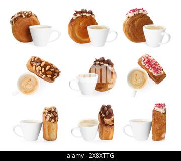 Collection de croissants ronds et de boisson isolés sur blanc, vue de dessus et vue de côté. Pâte feuilletée Banque D'Images