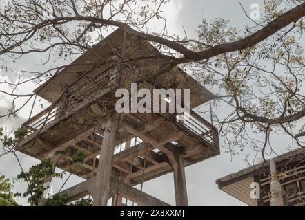 Vue de bas en haut des branches de l'arbre devant le vieux château d'eau en ciment et escalier en métal avec fond de ciel. Mise au point sélective. Focales sélectives Banque D'Images