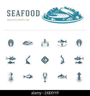 Icônes et silhouettes de fruits de mer isolées sur l'illustration vectorielle de set blanc. Bon pour le menu des restaurants de fruits de mer et les logos des pêcheurs. Illustration de Vecteur