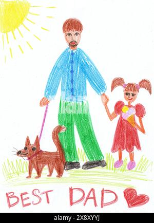 Carte postale au papa dessinée par enfant. Fond blanc. Dessin avec des crayons de couleur. Papa est représenté avec une fille et un chien. La fille mange de la glace. Inscription au meilleur papa. Fête des pères. Banque D'Images