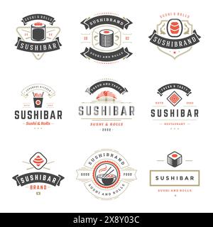 Les logos et badges de restaurant de sushi définissent la nourriture japonaise avec l'illustration vectorielle de silhouettes de sushi et de rouleaux. Emblèmes de typographie vintage et conception d'étiquettes Illustration de Vecteur