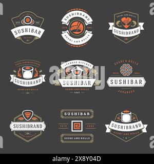 Les logos et badges de restaurant de sushi définissent la nourriture japonaise avec l'illustration vectorielle de silhouettes de sushi et de rouleaux. Emblèmes de typographie vintage et conception d'étiquettes Illustration de Vecteur