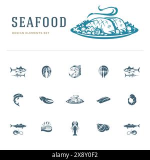 Icônes et silhouettes de fruits de mer isolées sur l'illustration vectorielle de set blanc. Bon pour le menu des restaurants de fruits de mer et les logos des pêcheurs. Illustration de Vecteur