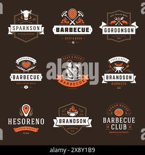 Illustration vectorielle de jeux de logos et de badges de restaurant grill. Emblèmes de menu de steak House barbecue et silhouettes de nourriture. Design de typographie vintage. Illustration de Vecteur