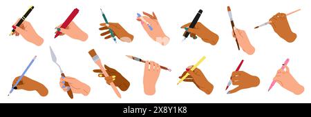Mains d'écriture humaine. Bras tiennent des crayons, marqueurs, stylos et pinceaux, différentes couleurs de peau, artistes, écrivains papeterie, fournitures de bureau, plat de dessin animé Illustration de Vecteur