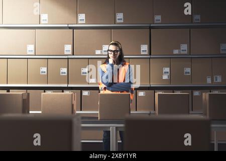 Jeune travailleuse vérifiant les colis et les commandes dans l'entrepôt Banque D'Images