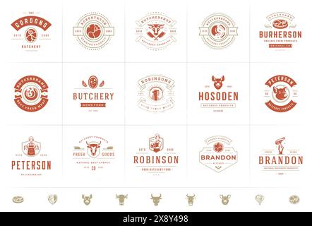 Boucherie logos set illustration vectorielle bonne pour les badges de ferme ou de restaurant avec des animaux et des silhouettes de viande. Conception d'emblèmes de typographie rétro. Illustration de Vecteur