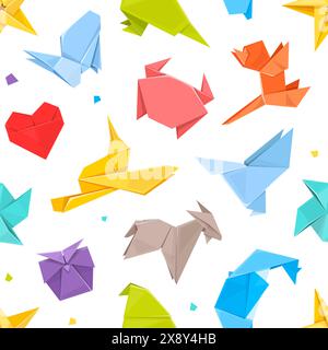 Motif sans couture origami de couleur. Animaux répétés en papier plié, art japonais et passe-temps, créant des formes polygonales. Textile, papier d'emballage Illustration de Vecteur
