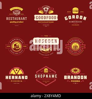 Logos de restauration rapide Set illustration vectorielle bonne pour pizzeria ou burger magasin et badges de menu de restaurant avec des silhouettes de nourriture. Emblèmes de typographie rétro de Illustration de Vecteur