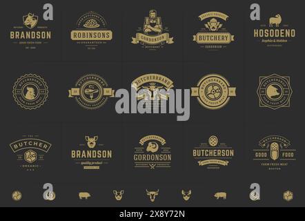 Boucherie logos set illustration vectorielle bonne pour les badges de ferme ou de restaurant avec des animaux et des silhouettes de viande. Conception d'emblèmes de typographie rétro. Illustration de Vecteur