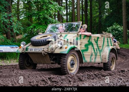 © Arnaud BEINAT/Maxppp. 2024/05/26, Overloon, Hollande. Véhicule allemand Kubelwagen. Militracks est une concentration annuelle de véhicules de collection allemands de la seconde guerre mondiale. Moyennant le prix d'un billet, le public peut embarquer et faire des tours de terrain. ANGLAIS : Allemand Kubelwagen. Militracks est un rassemblement annuel de véhicules allemands de la seconde Guerre mondiale. Le public peut payer pour monter à bord des véhicules. Crédit : MAXPPP/Alamy Live News Banque D'Images