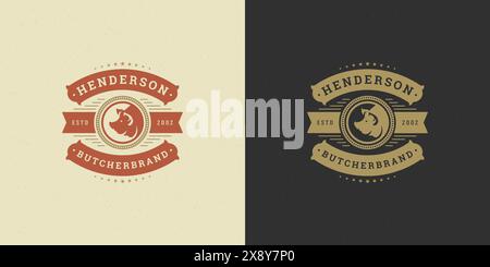 Boucherie logo illustration vectorielle de tête de porc silhouette bonne pour la ferme ou le badge de restaurant. Conception d'emblème de typographie vintage. Illustration de Vecteur