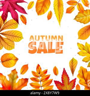 Cadre de feuilles d'automne. Châtaignier jaune orangé et rouge réaliste, feuillage d'érable et de chêne, poste de vente d'automne ou bannière Web avec espace de copie pour le texte Illustration de Vecteur
