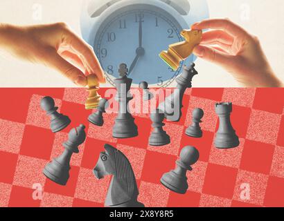 Main tenant des pièces d'échecs et les déplaçant sur l'échiquier, horloge en arrière-plan, design de style vintage Banque D'Images