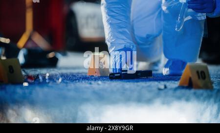 Criminalistique travaillant sur scène de crime la nuit en recueillant des preuves. Les spécialistes de la police emballent l'arme du criminel après un cas de violence de gang. Incident violent de fusillade de masse et d'homicide Banque D'Images
