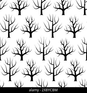 Arbres incurvés noirs et blancs sans arrière-plan de feuilles. Texture sans couture de forêt vectorielle. Illustration de Vecteur