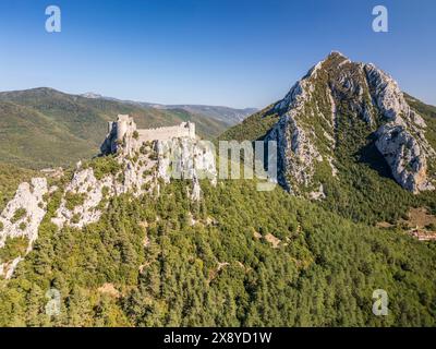 France, Aude, pays Cathare, le château de Puilaurens perché sur un éperon rocheux surplombant la vallée de Boulzane à 697 m d'altitude (vue aérienne) Banque D'Images