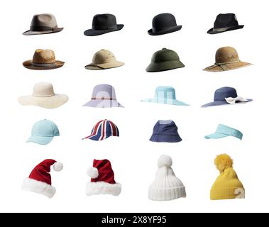 Collection de chapeaux et casquettes assortis, isolés sur fond blanc Banque D'Images