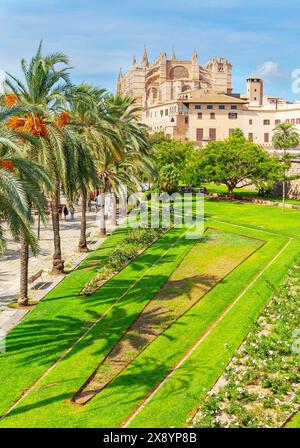 Espagne, Îles Baléares, Majorque, Palma de Majorque, vue de la cathédrale de la Seu depuis le Parco del Mare Banque D'Images