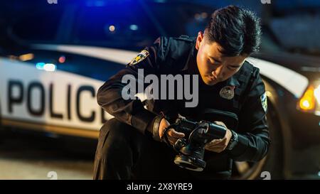 Policier vérifiant la caméra après avoir pris des photos médico-légales des preuves trouvées sur la scène de crime. Jeune policier utilisant la technologie pour mieux voir les détails des indices et résoudre le cas. Inspecteur en service Banque D'Images