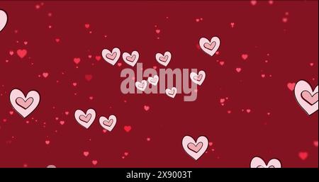 Image de plusieurs icônes de cœur flottant contre l'espace de copie sur fond rouge Banque D'Images